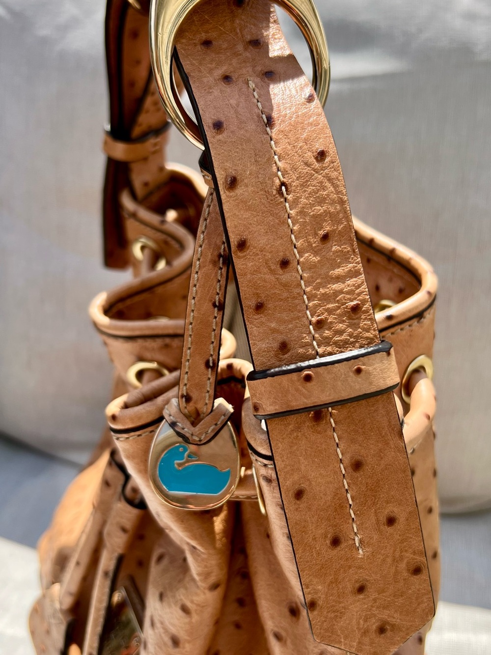 Dooney & Bourke Tan Ostrich-Embossed Leather Drawstring Bucket Bag - Picture 3 of 8